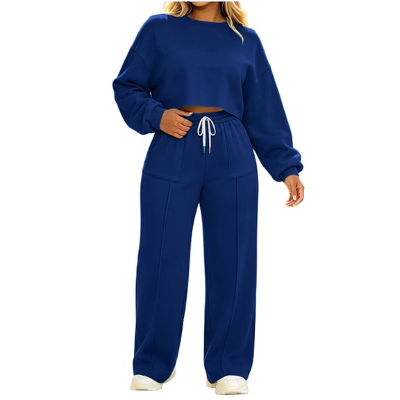 Edvintorg Womens 2 Piece Outfits Athletic Sets Crew Neck Long Sleeve Pullover Cropped Top and Pant Women's Clothing Blue S