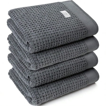 Waffle Bath Towel Set - 100 Soft Cotton - Plush and Extra Absorbent - Luxury Hotel Spa Quality - Fade Resistant - Eco-Friendly Space Gray Set of 4 Bath