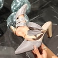 thumbnail image 2 of Women Kitten Heel Sequin Mules Rhinestone Bow Sandals Pointed Toe Heeled Mule Slip On Low Heels Slipper Glitter Mesh Wedding Bridal Shoes Pointed Toe Low Stiletto Heel Dress Pumps Shoes, 2 of 9