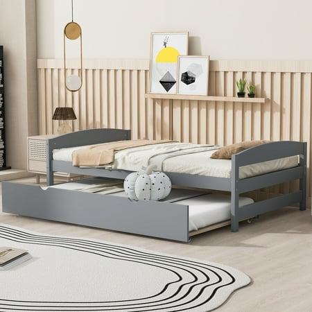 EUROCO Twin Size Platform Bed Frame with Trundle, Low Profile Easy Assembly Daybed for Kids Teens Bedroom, Gray