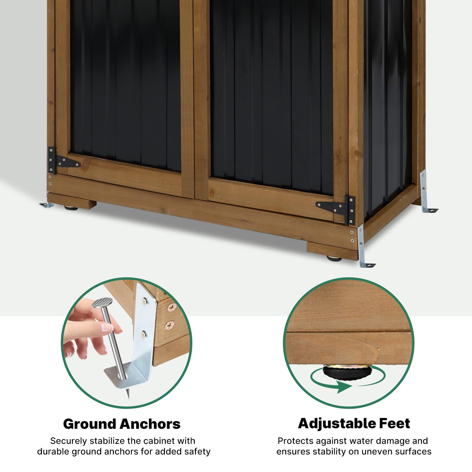 Gowoodhut Outdoor Storage Cabinet Wood & Metal, Tall Tool Shed with Weatherproof, Double Lockable Doors, Removable 3 Shelves, Adjustable Feet