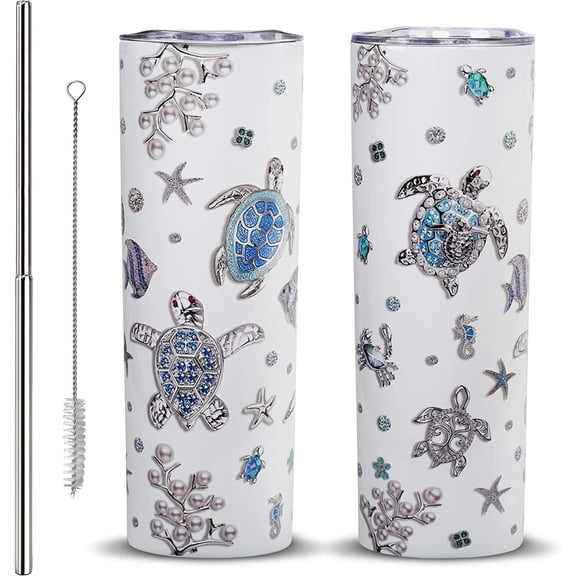 Sea Turtle Tumbler, 20 Oz Sea Turtle Skinny Tumbler Turtle Gifts for Turtle Lovers with Lid and Straw Stainless Steel Double Wall Vacuum Insulated Turtle Tumbler, Sea Turtle Slim Tumbler