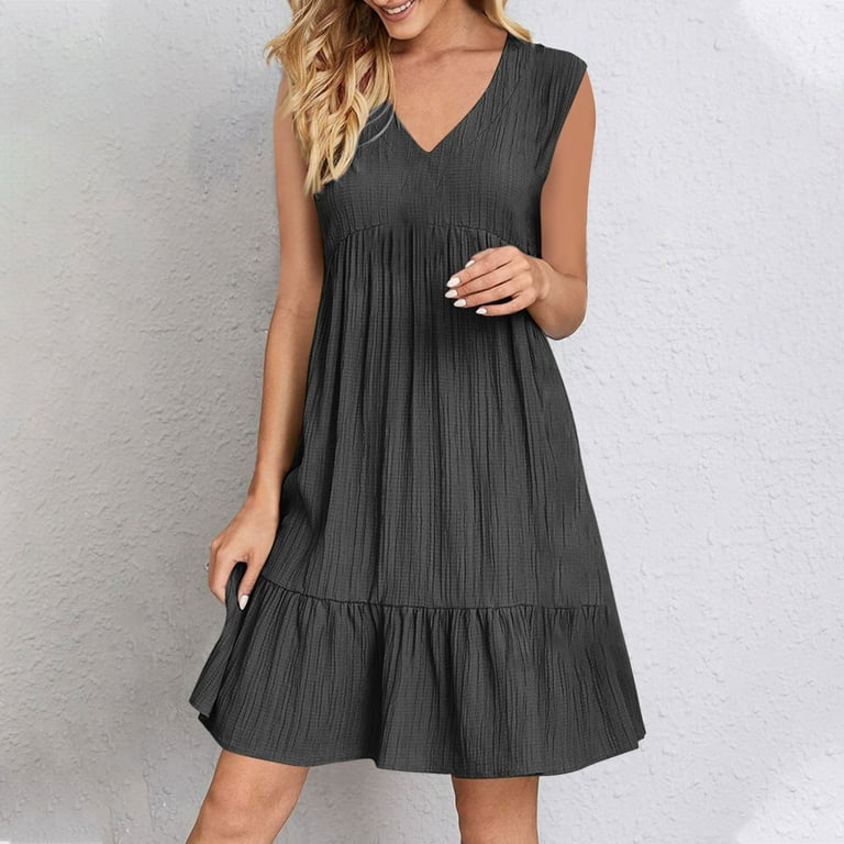 Quinlirra Womens Summer Dresses V-Neck Loose Solid Color Pleated Casual  High Waisted Lace Sleeveless Dress Dark Gray XXL - Walmart.com