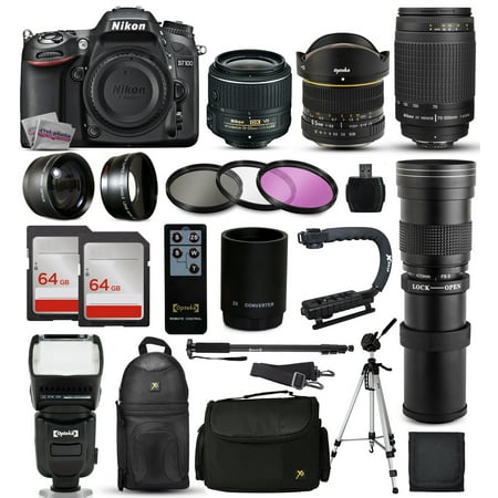 Nikon D7100 DSLR Digital Camera + 18-55mm VR II + 6.5mm Fisheye + 55-300mm VR + 420-1600mm Lens + Filters + 128GB Memory + Action Stabilizer + i-TTL Autofocus Flash + Backpack + Case + 70" Tripod