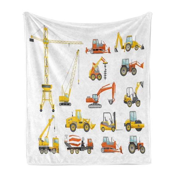 Construction Soft Flannel Fleece Blanket, Cartoon Heavy Equipment and Machinery Industry Building Transportation, Cozy Plush for Indoor and Outdoor Use, 50" x 60", Yellow Orange Grey, by Ambesonne
