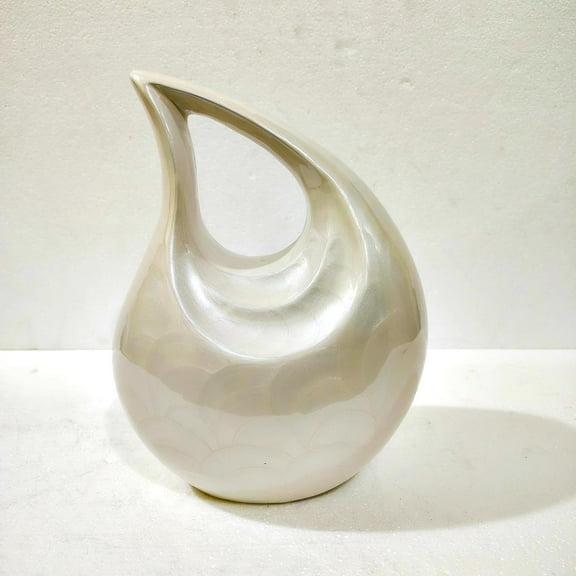 10-Inch Metal Teardrop Pearl White Cremation Urn for Adult Human Ashes – Elegant Memorial Urn for Funeral, Burial, Columbarium, or Home Display