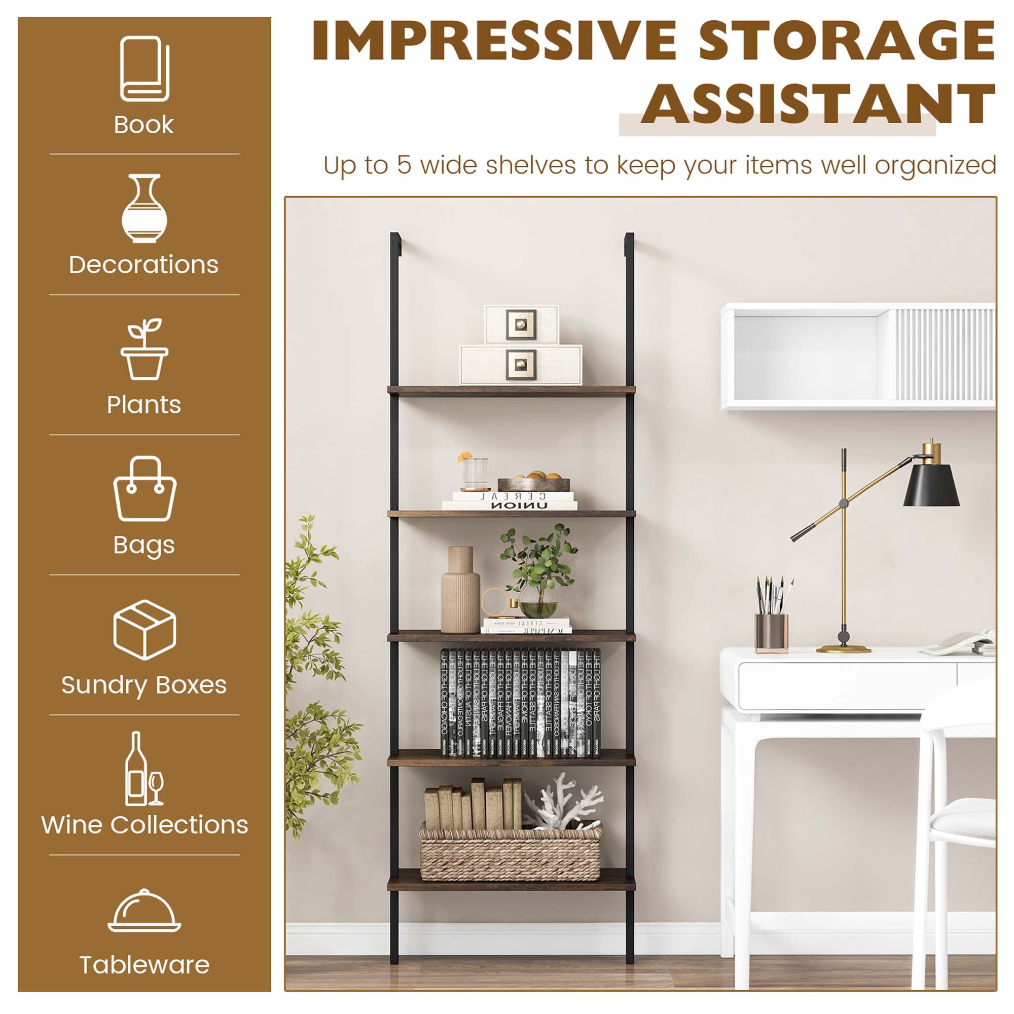 Costway 5 Tier Ladder Shelf 71'' Height Wall-Mounted Bookshelf Display Storage Organizer Brown