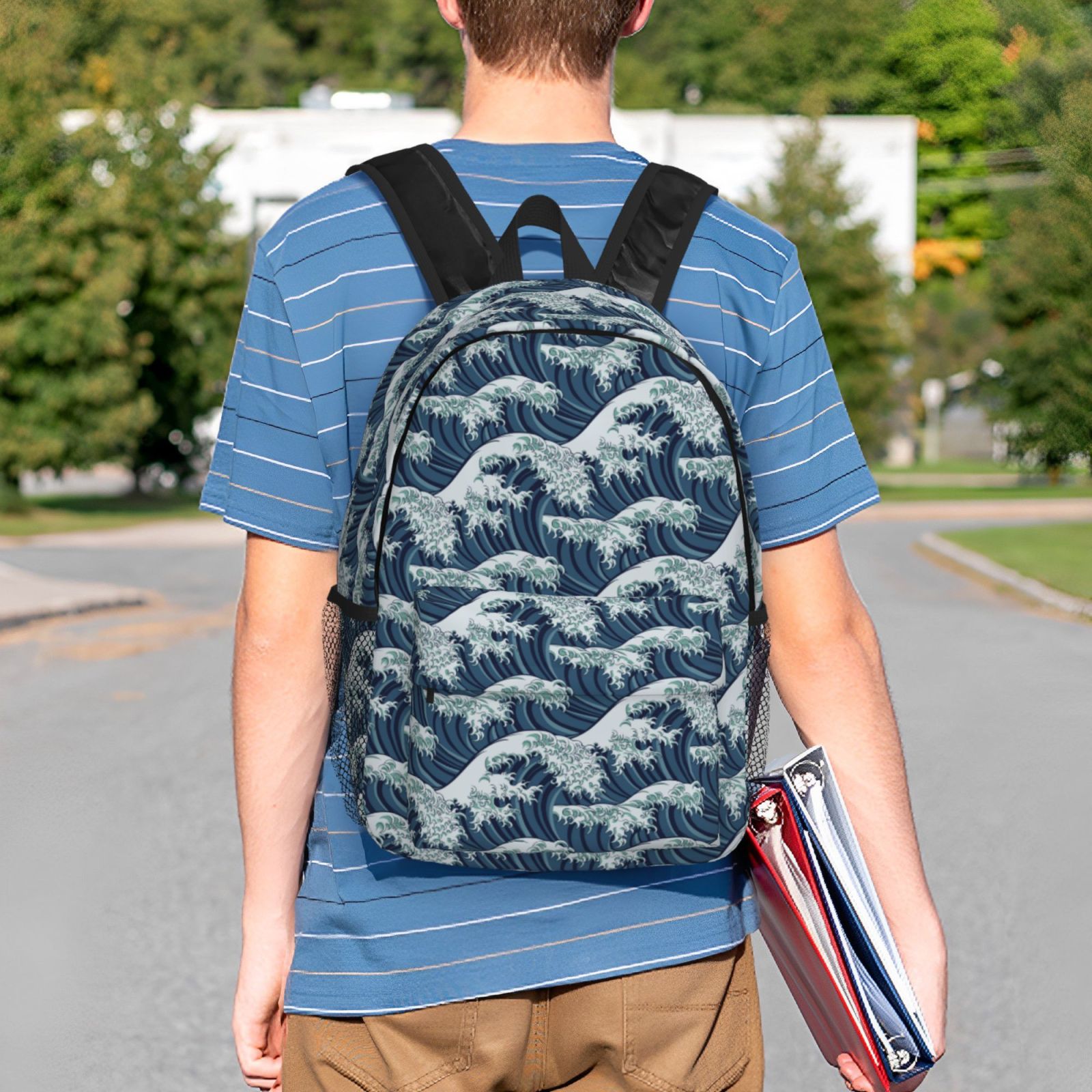 Rateoe A Japanese Great Wave Pattern Student Backpack Water-resistant Backpack 15-inch Laptop Backpack Lightweight Adjustable School Backpack