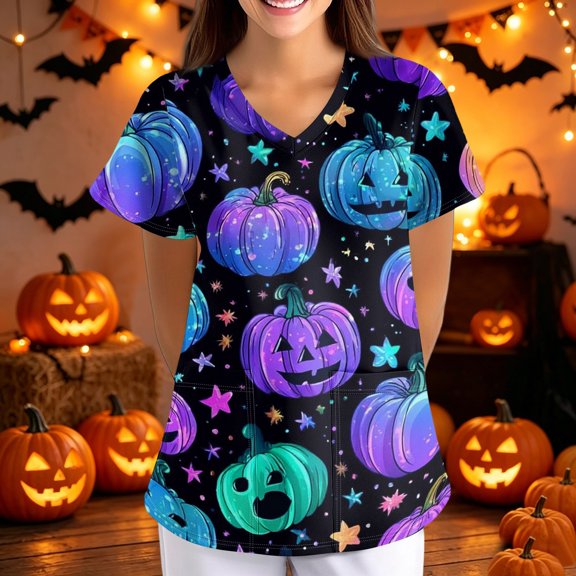 Halloween Womens Scrubs Tops V Neck Short Sleeve Plus Size Scrub Shirts Pumpkin Cartoon Bat Nursing Scrubs Stretchy Summer Holiday Fashion Uniform Workwear With Pockets Purple 3XL