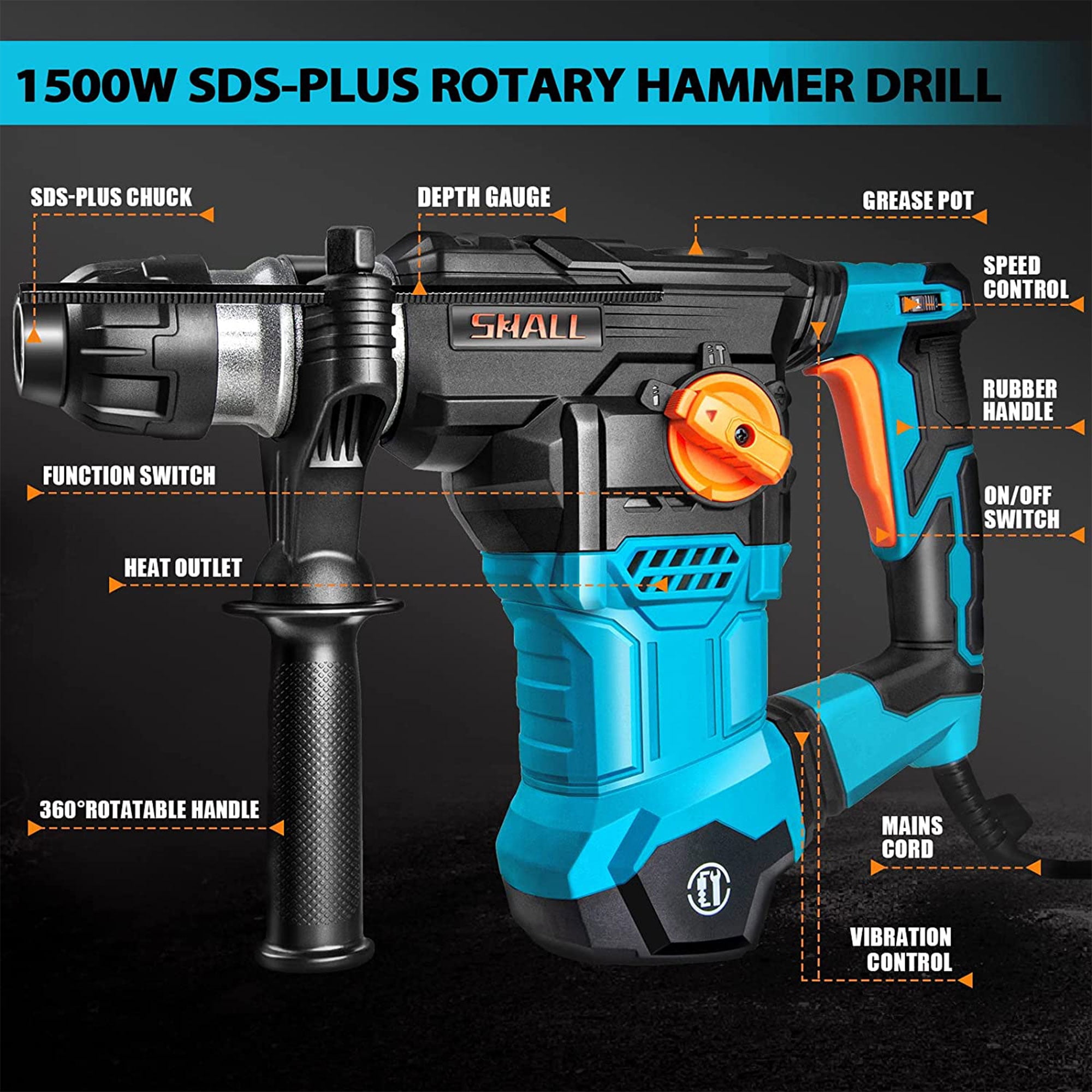 SHALL 1 1 4 Inch SDS Plus Heavy Duty Rotary 12.5 AMP Hammer Drill w 3 Bits Walmart