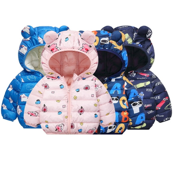 CSChome 1-6Y Toddler Fall Winter Ears Hooded Puffer Cotton Coats for Kids Baby Boys Girls Zipper Cartoon Cotton Jacket Short Outerwear Warm Tops