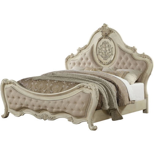 Acme Ragenardus Queen Bed in Fabric & Antique White Finish