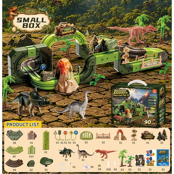 Wonderstone 90 PCS Electric Train Set for Kids, Dinosaur Themed Building Kits with Dinosaur Train and Trees, Car Toy Set Gift for Kids Boys Girls 3 4 5 6 7 8 Years Old