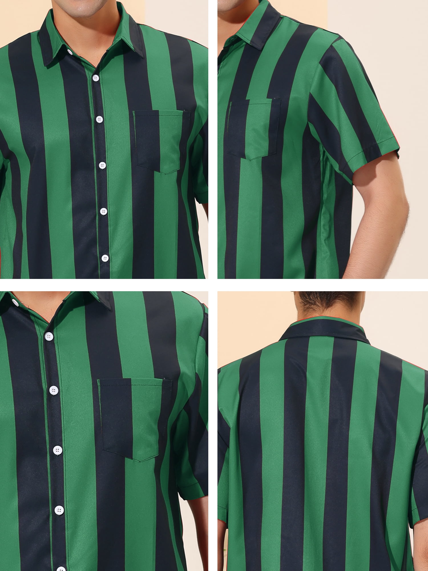 Unique Bargains Men's Striped Short Sleeves Button Down Print Shirt S Dark Green