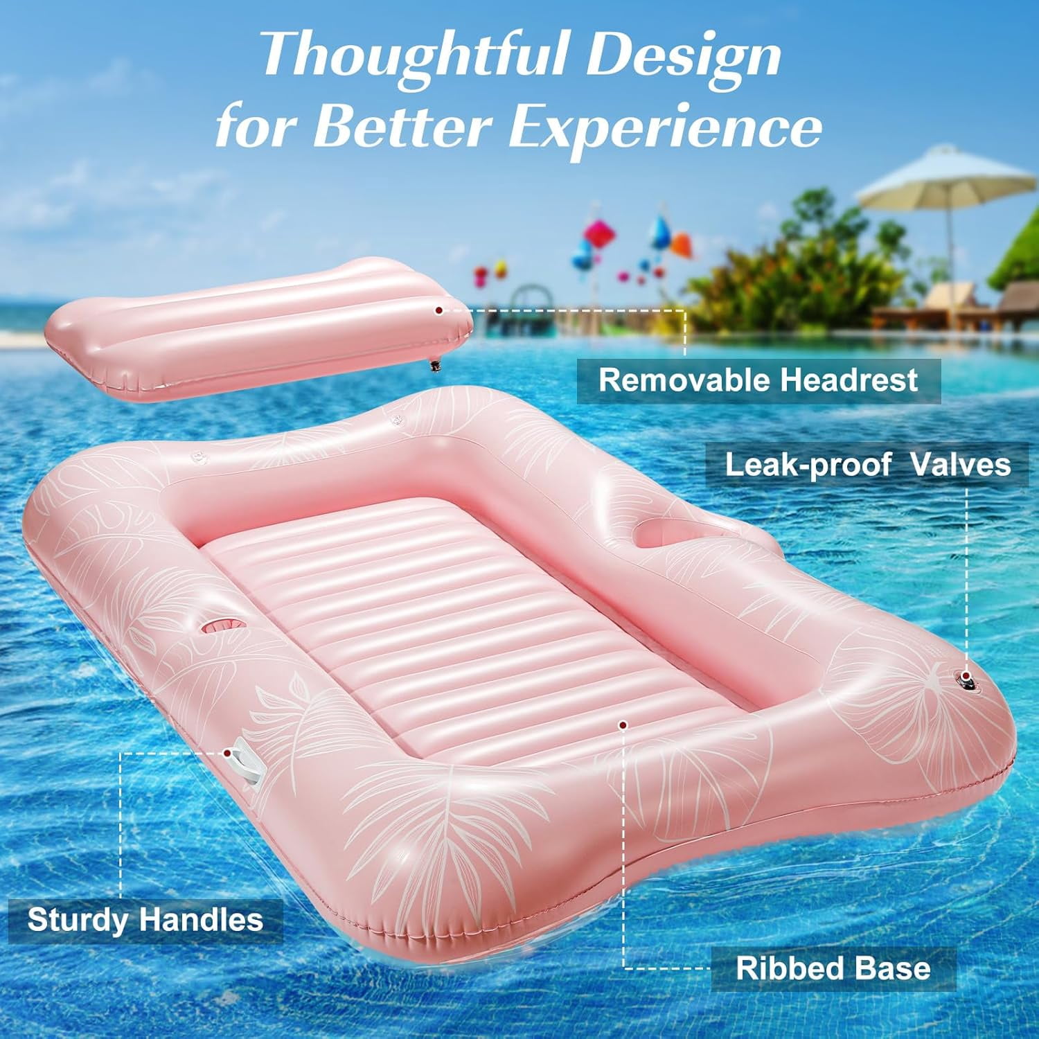 HEY! SPLASH Inflatable Tanning Pool Lounger Float, 72.8 * 49.2" Inflatable Ride-ons Pool Rafts Swimming Pool Float, Summer Beach Party Swimming Floaty Bed Floatie Pool Toys,Pink Leaf