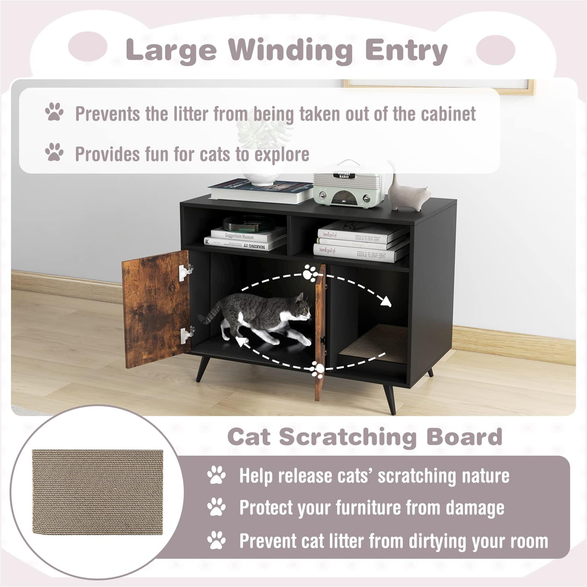 Pefilos 35" Cat Litter Box Enclosure Furniture with Storage Compartments and Scratcher, Wood Enclosed Cat House Condo for Indoor, Black