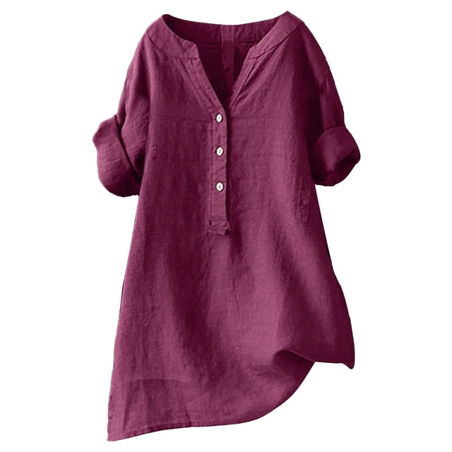 Blusa de manga larga con cuello en V y botones para mujer - Tops casuales elegantes y holgados de moda - Estampado, verano, trabajo y vacaciones
