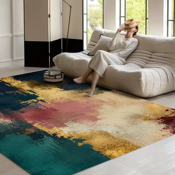 RKSupls 4x3ft Abstract Gold Pink Landscape Soft Fluffy Velvet Area Rug for Living Room Bedroom, Non-Slip Washable Carpet, Chic Minimalist Home Decor