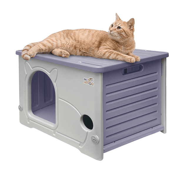 Casa para Gato Grande MascoAmigo Interior / Exterior Térmica Lavable Fácil de Armar Color Lila