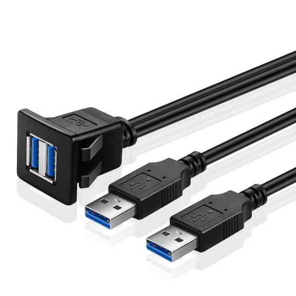 USB 3.0 Flush Mount Cable with Buckle (Square)- Dashboard Panel Dash Mount 2 Ports Socket Plug Jack Connector Extension Wire Cord Water Resistant Male to Female for Car Trailer Boat Motorcycle 6FT