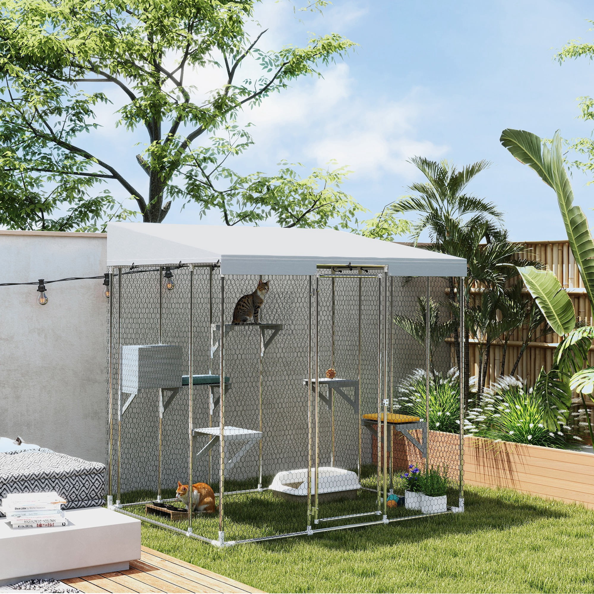 PawHut Large Catio Outdoor Cat Enclosure, Galvanized Steel Outdoor Cat House with 420D Waterproof Canopy for 1-3 Large Cat, Walk-in Cat Cage, Silver