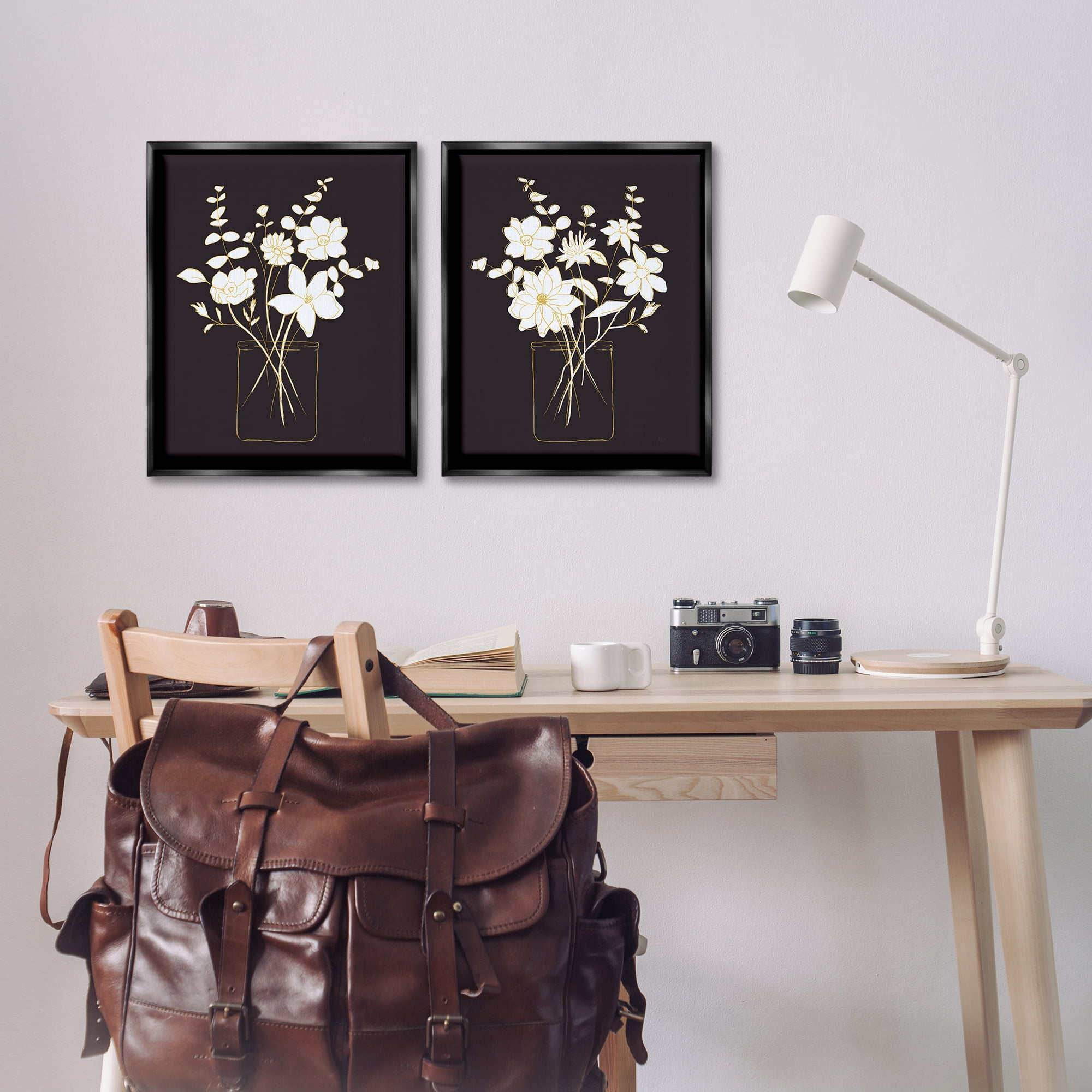 Stupell Industries Minimalist Flower Sketch in Jar Plants & Flowers Painting Black Floater Framed Canvas Art Print Wall Art, 17 x 21, Set of 2