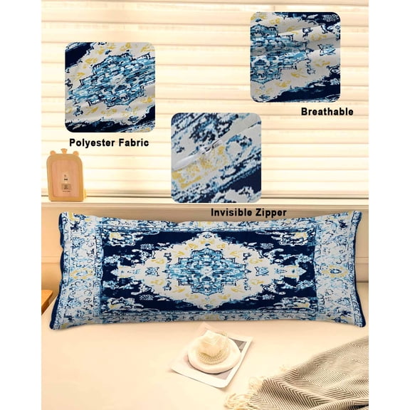 Vintage Ethnic Throw Pillow Covers, Boho Tribes Modern Blue Middle Century Soft Breathable Pillow Cases with Invisible Zipper for Sleeping, Long Body Pillowcases for Couch Bed Sofa Chair 20x54 Inches