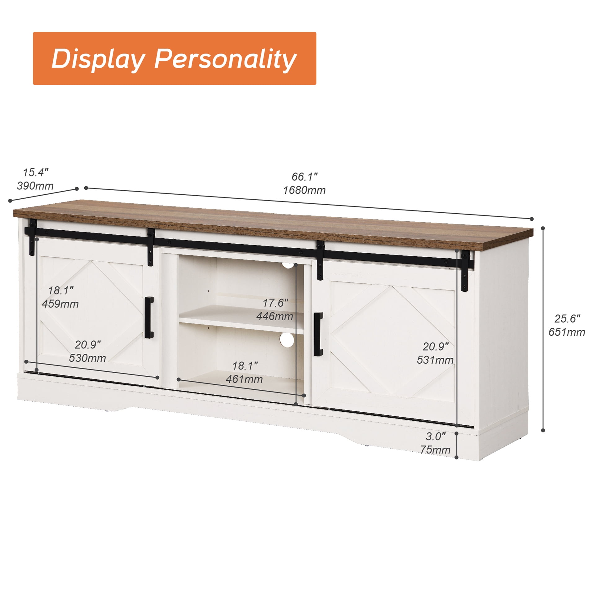 WAMPAT Farmhouse TV Stand with Sliding Barn Door for 75" TVs, Entertainment Center with Adjustable Shelf and Storage Cabinets, Media Console Table for Living Room,Hallway,Cream White