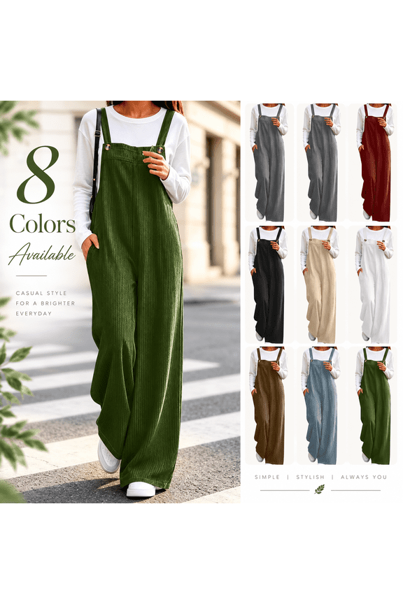 Womens Corduroy Jumpsuit Trousers, Wide Leg Overalls with Adjustable Straps, Fashion Loose Fall Romper Pants with Pockets