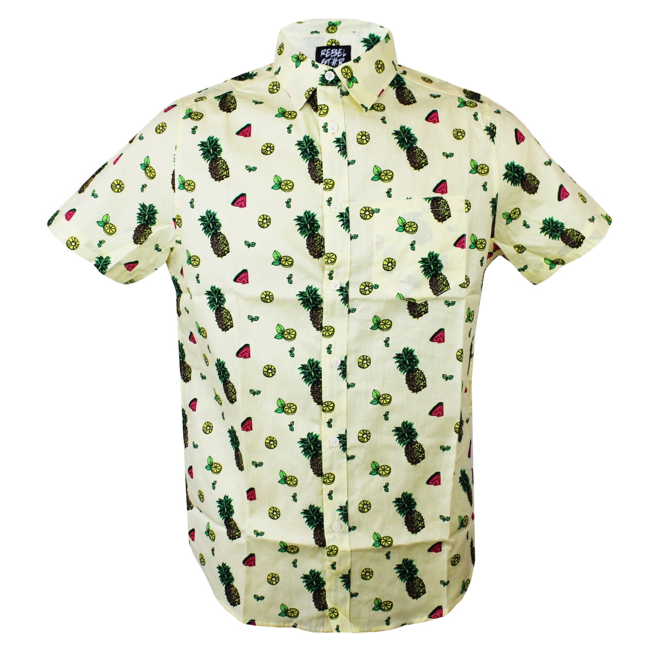 Men Button Up Shirt  Yellow Watermelon Collar Print Short Sleeve Sizes S-XL