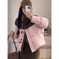 thumbnail image 2 of Chaqueta de mujer de invierno gruesa y cálida chaqueta de plumón con combinación de colores, cuello alto corto, hebilla de cuerno de vaca, ropa de invierno de moda, 2 of 4