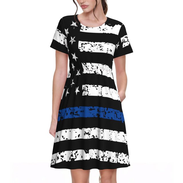 Balery Thin Blue Line Flag Vestidos sueltos de manga corta para mujer, vestidos de verano 2025, vestidos casuales de corte A con vuelo.