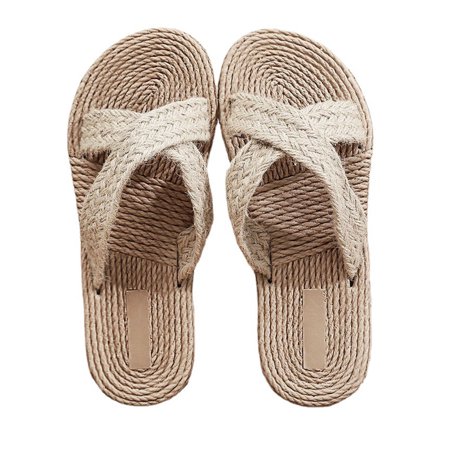 

1 Pair Imitation Straw Slippers Women Beach Shoes Seaside Flat Slippers