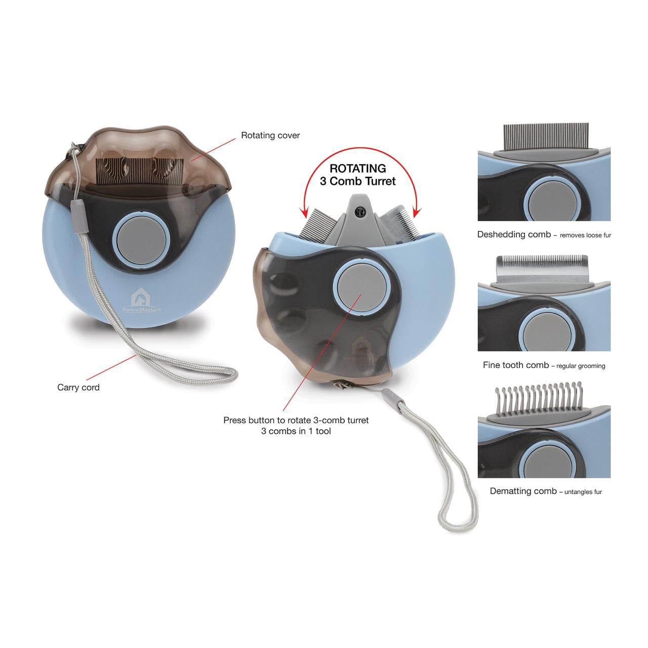 KennelMaster Blue 3-In-1 Multi-Function Pet Comb for Dogs and Cats