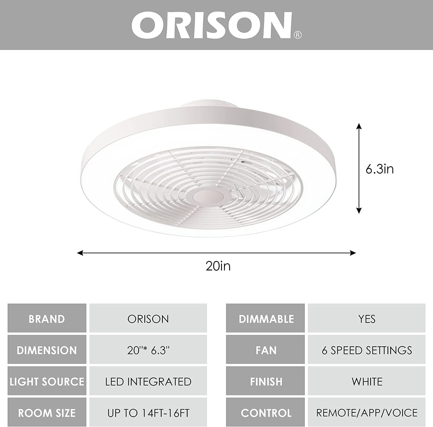 Orison Ceiling Fan with Light, 8029 White Regular - 19.7" Smart Low Profile Ceiling Fans with Light and Remote APP Control