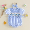 thumbnail image 2 of Wxirdiow Newborn Summer Clothes Girl Baby Girl Romper Dress Puff Sleeve Smocked Outfit with Headband for Infants Soft Cotton Photo Shoot Blue Size,12-18 Months, 2 of 7