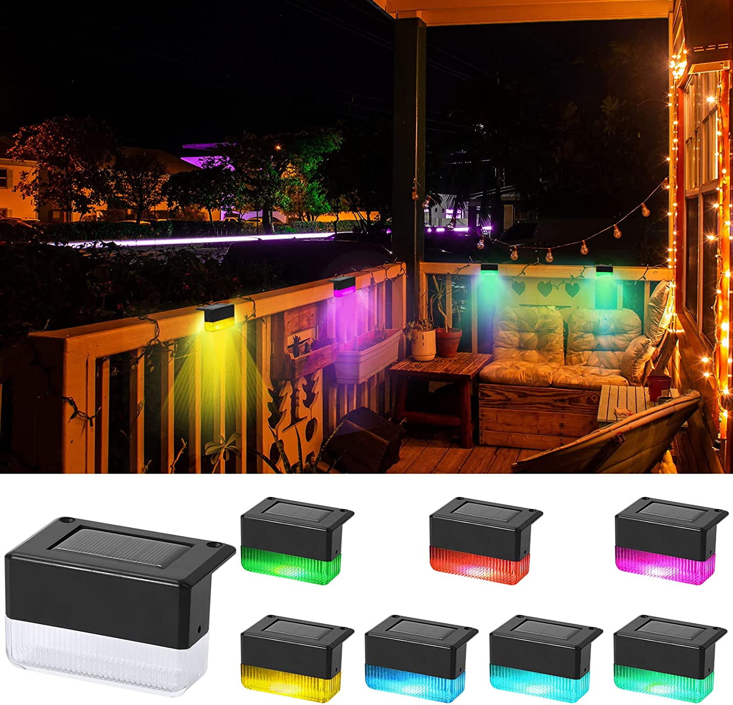 Fence Solar Lights Pack Warm White  Multicolor Color Changing Deck Lights  IP65 Waterproof Outdoor Solar Powered Stair Lights