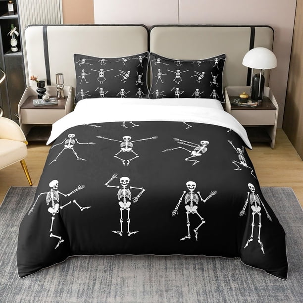 Algodón Natural Sugar Skull Funda Nórdica King,Negro Blanco Esqueleto Huesos Ropa de Cama