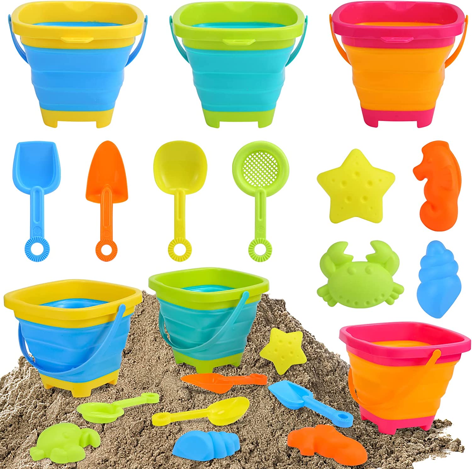Sand Bucket Beach Bucket Pail, 3 Pack Collapsible Bucket Kids Sand Pail, Silicone Sand Buckets for Kids Beach Toys, Foldable Bucket Summer Beach Fun