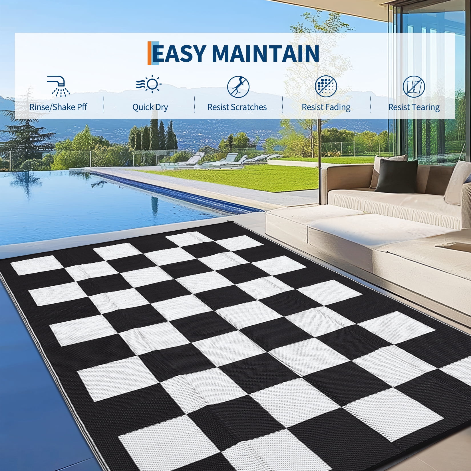 Waterproof Outdoor Checkerboard Rug - All-Weather Plastic Straw Mat for Patio & Deck, 9*12ft