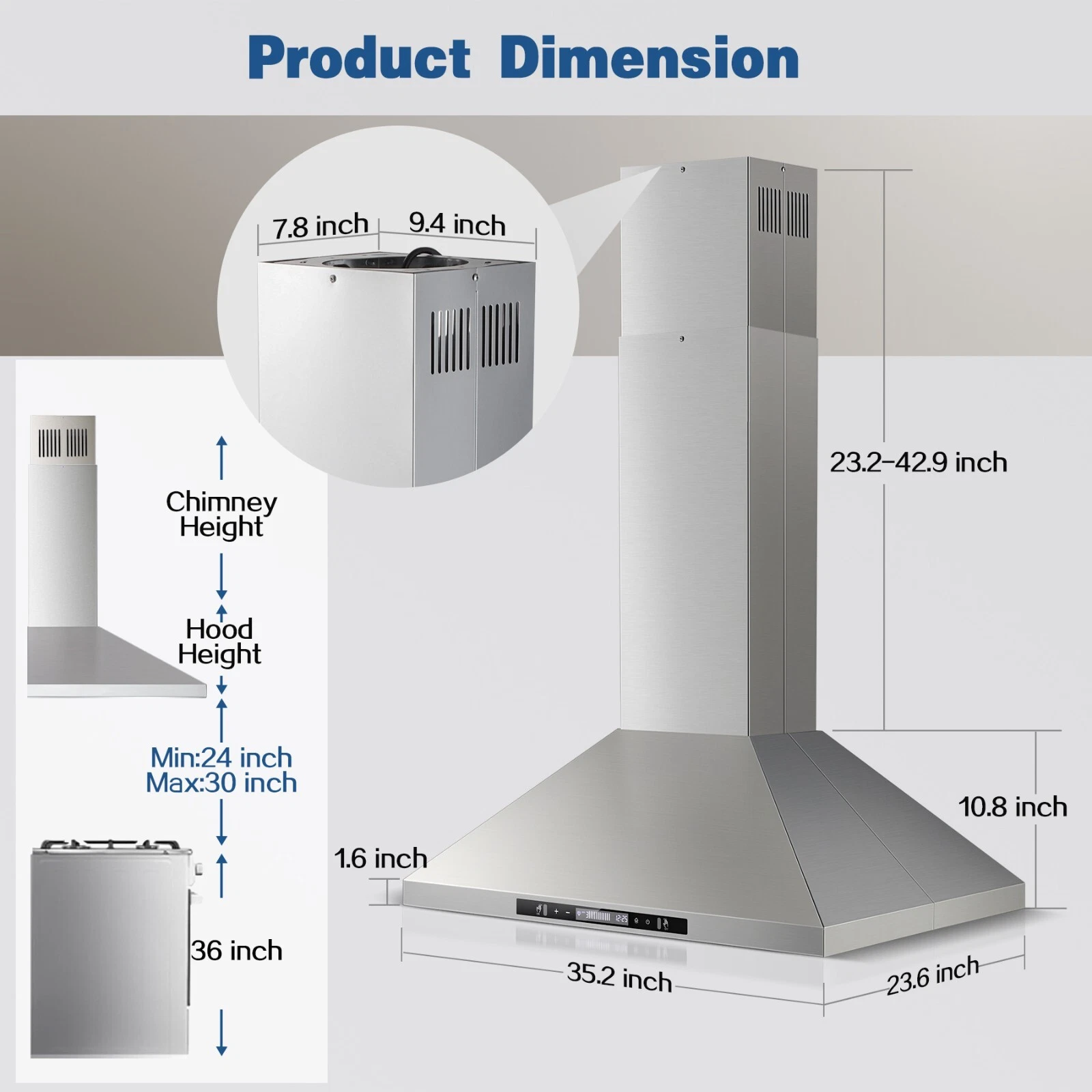 36 inch Island Range Hood 700 CFM Kitchen Vent Hood Touch Control, Gesture Sensing 3-Speed Fan