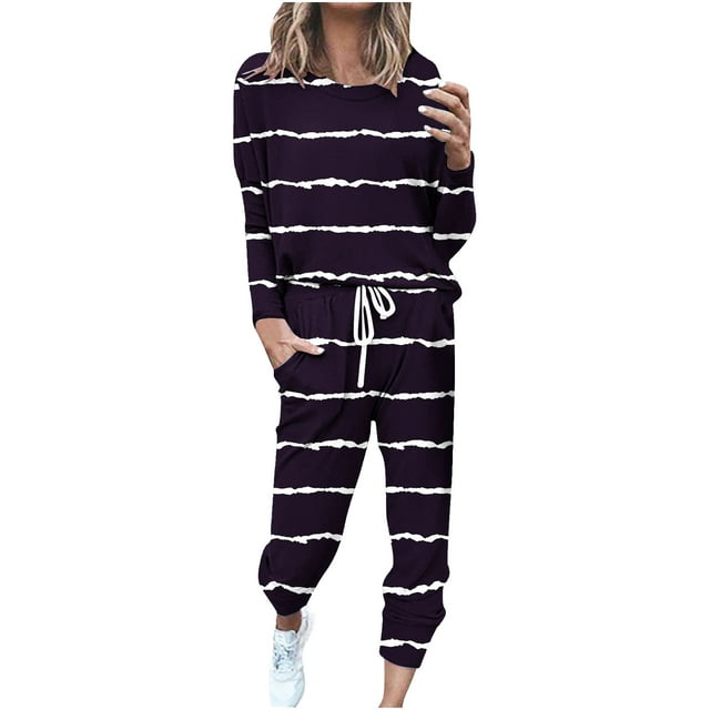 Annhoo Two Piece Sets for Women Fall Long Sleeve Crewneck Shirts and Drawstring Sweatpants Plus Size Stripes Clothes