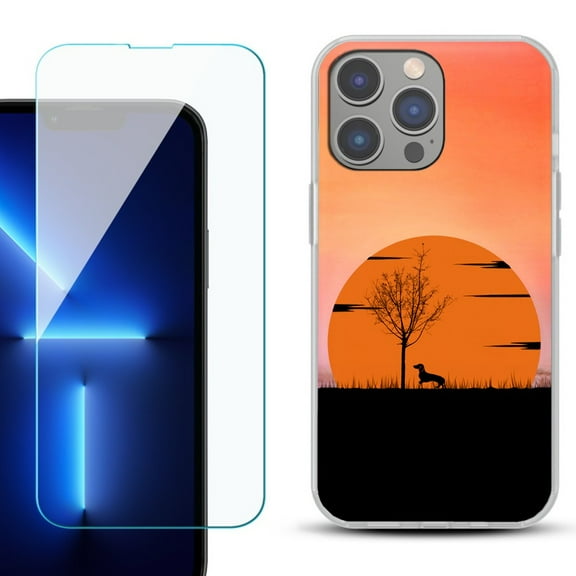 Slim-Fit Gel TPU Phone Case for iPhone 14 Pro Max, with Tempered Glass Screen Protector, by OneToughShield ® - Sunset Dachshund