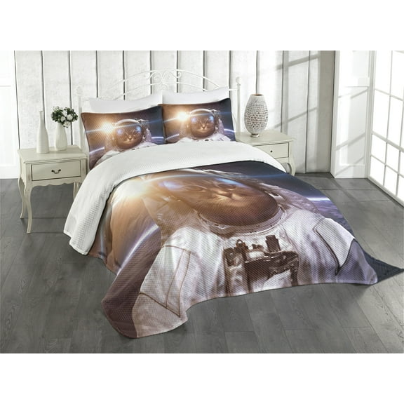 Ambesonne Space Cat Quilted Bedspread Set 3 Pcs, Kitty Lunar Eclipse, King Size, White and Blue