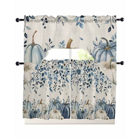 Blue White Pumpkins Fall Kitchen Curtains Sets 24 Inch Length with Valance, Thanksgiving Botanical Rustic Leaf Swag Valances and Tiers Curtain Set Drapes Swag Curtains for Living Room, Bathroom