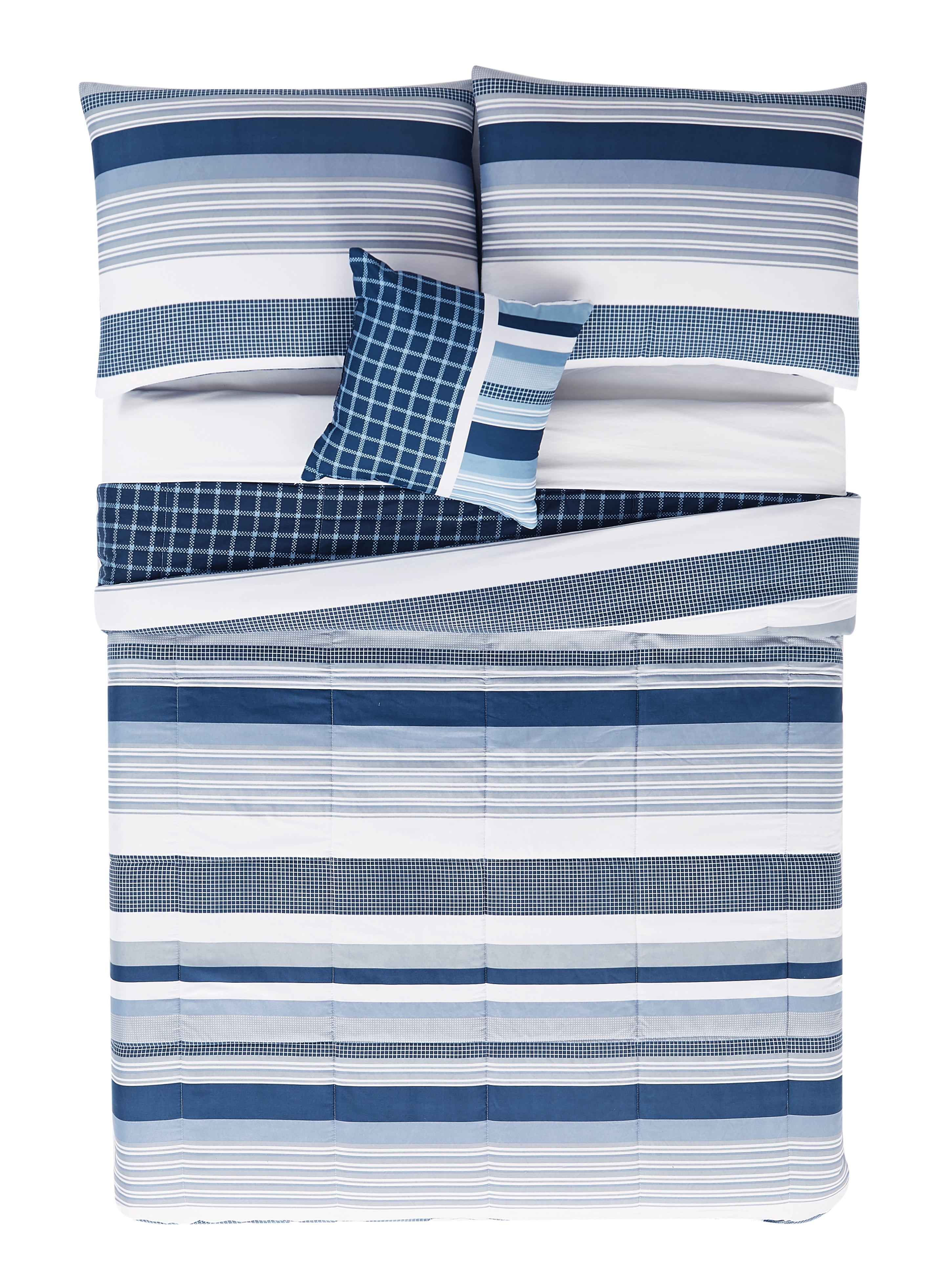 My World Mason Stripe Blue  and  White Polyester 3-Piece Twin Quilt Set, stripe themed, for Kids, OEKO-TEX Certified