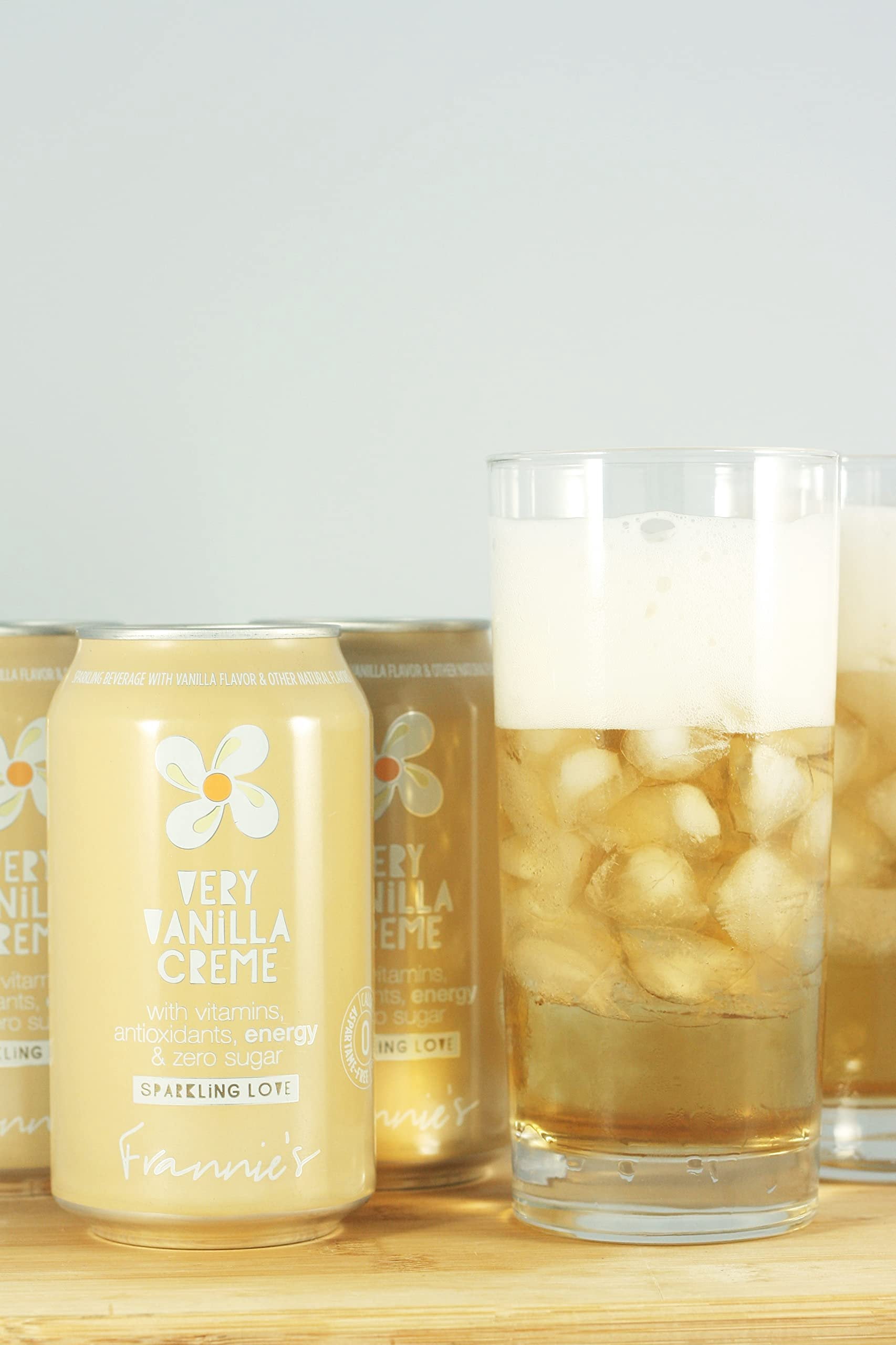 Frannies Sparkling Very Vanilla Creme, Protected With High-Density Foam, With Vitamins, Antioxidants, Energy, Zero Aspartame & No Sugar, 12 Oz. Cans Pack of 8 Cans