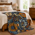 thumbnail image 6 of Blue Floral Bird Pattern with Orange Daisy Blooms, Folk Art Cozy Flannel Blanket, Home Decor for Bird Lovers, Bedroom and Sunroom, Housewarming Gift, Vintage Garden Scene, 6 of 8