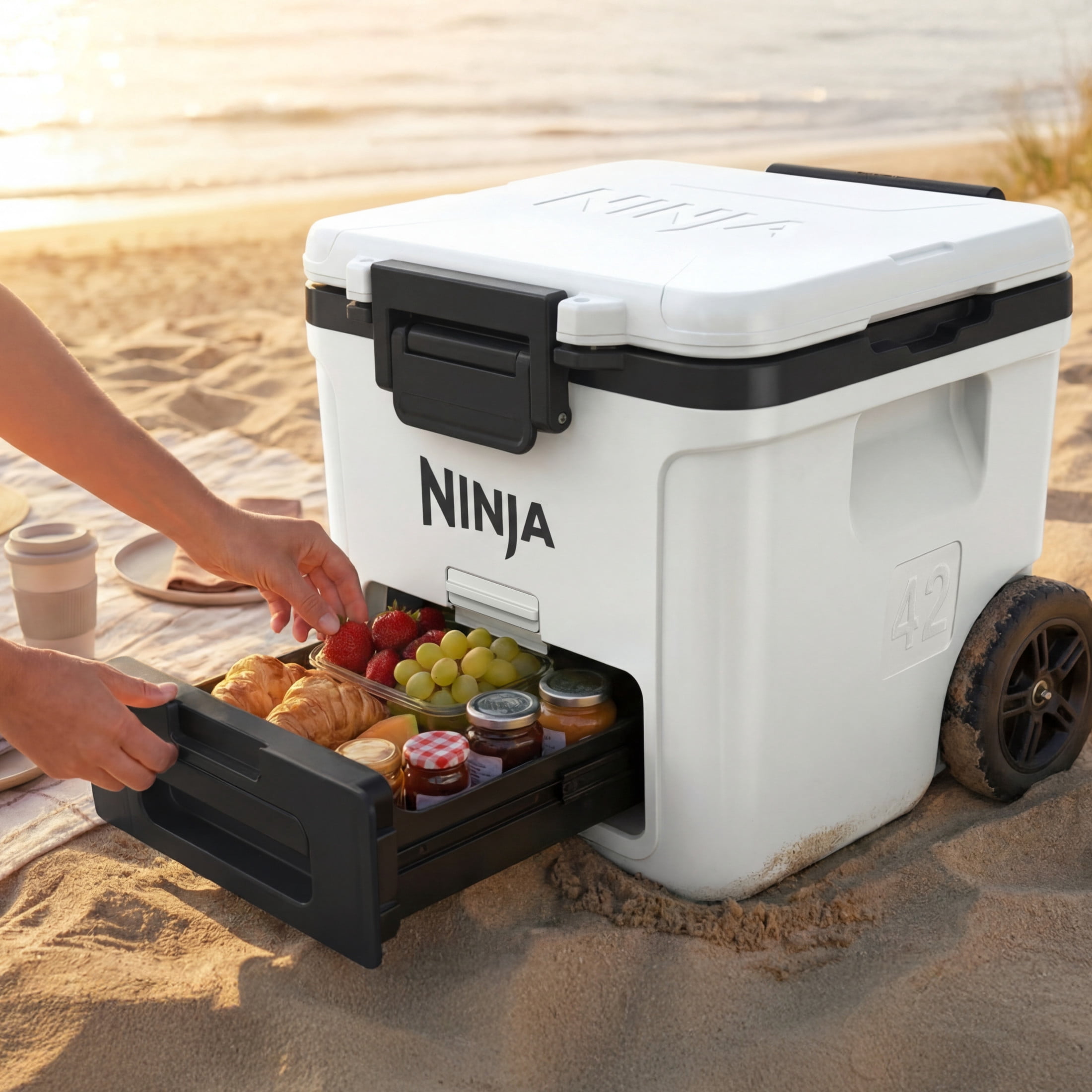 Ninja FrostVault 42-Qt Wheeled Cooler with Cold Dry Zone, Integrated Fridge-Temp Dry Storage Drawer, Premium Heavy-Duty Insulated Cooler, Keeps Ice for Days, FB242WH Cloud White