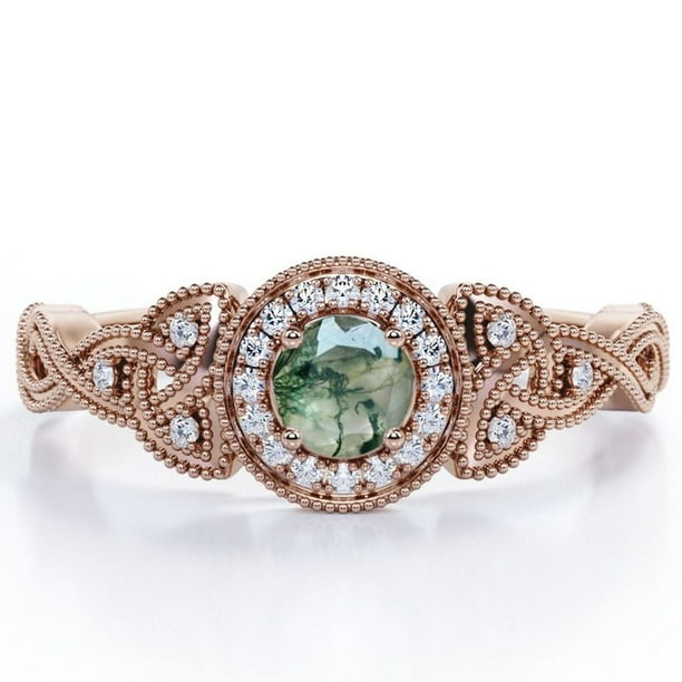 JeenMata Anillo Compromiso Art Déco 0,58 ct Ágata Verde Musgo Natural Corte Redondo Halo Moissanita Milgrain Baño Oro Rosa 18K sobre Plata